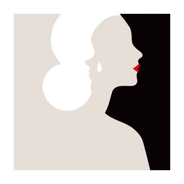 Stylized graphic art depicting two female profiles, one with a tear and red lipstick against a light grey and black background.
