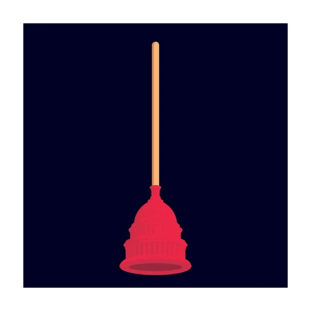 Illustration of red capitol building atop a plunger, against a dark blue background, creating a political commentary image.
