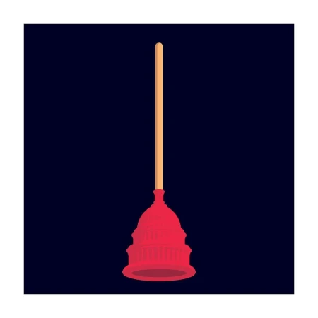 Illustration of red capitol building atop a plunger, against a dark blue background, creating a political commentary image.