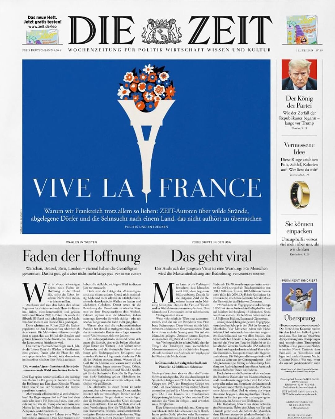 Die Zeit newspaper cover with an illustration of the Eiffel Tower topped with flowers against a blue background and text in German.