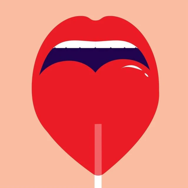 Stylized graphic illustration of a bright red mouth with white teeth, dark purple tongue, and a single white line representing a lollipop stick.