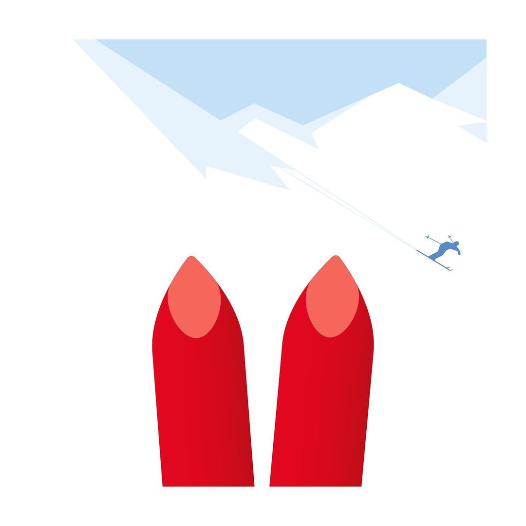 Vector illustration of red ski tips with a skier in the background on a snowy mountain slope, creating a sporty winter scene.