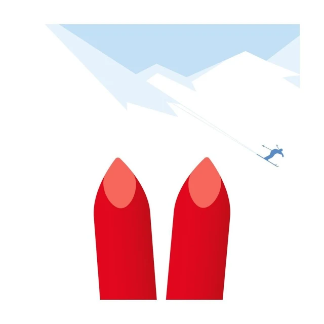 Vector illustration of red ski tips with a skier in the background on a snowy mountain slope, creating a sporty winter scene.
