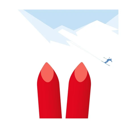 Vector illustration of red ski tips with a skier in the background on a snowy mountain slope, creating a sporty winter scene.