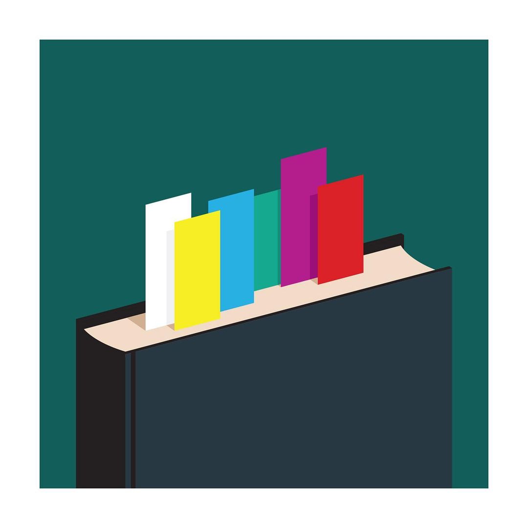 Stylized illustration of a dark book with a closed edge and multiple colorful bookmarks sticking out of the top against a green background.