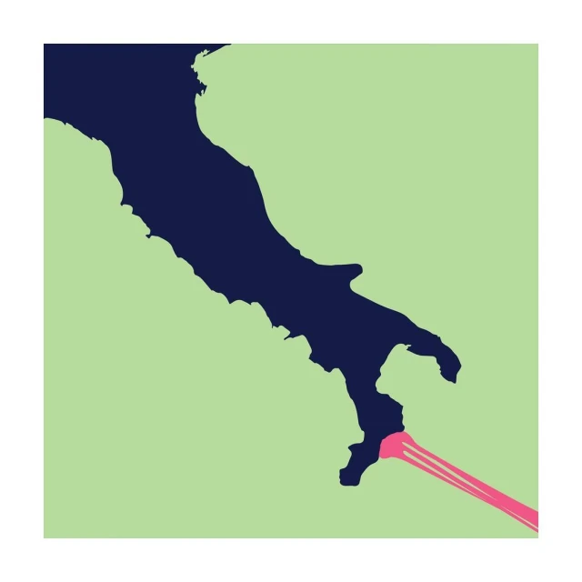 Abstract graphic illustration of the navy blue silhouette of Italy on a pale green background with a pink line at the toe of the boot.