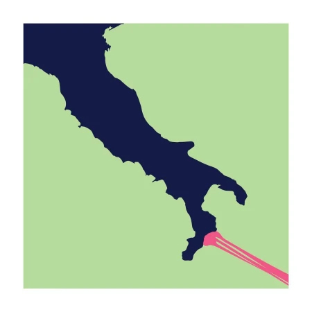 Abstract graphic illustration of the navy blue silhouette of Italy on a pale green background with a pink line at the toe of the boot.