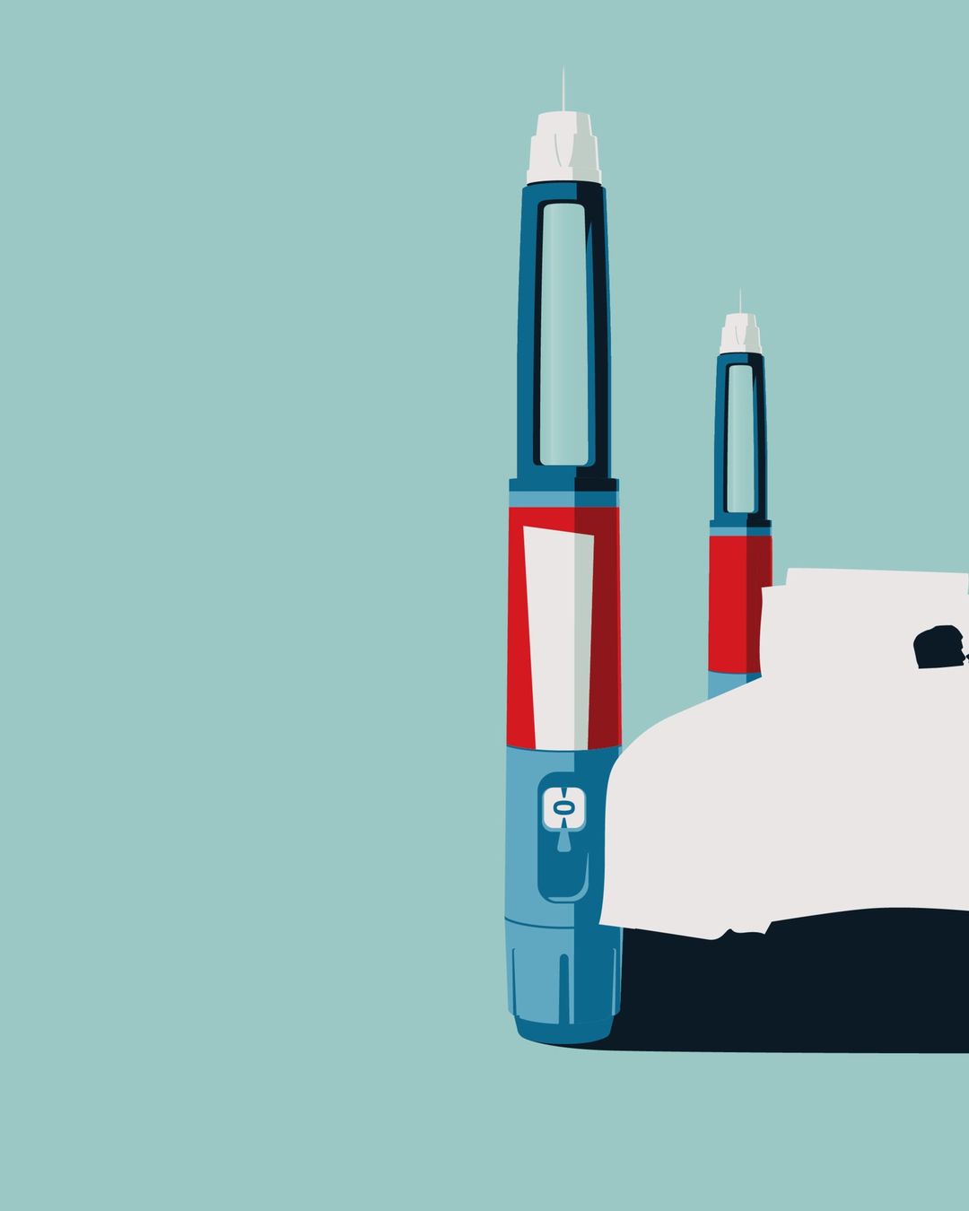 Illustration of two blue and white insulin pens on a light blue background with a white cloth or tissue, emphasizing medical design.