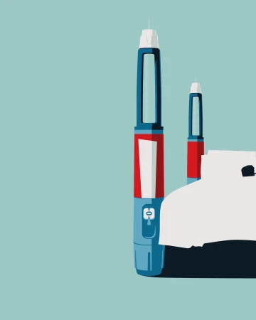 Illustration of two blue and white insulin pens on a light blue background with a white cloth or tissue, emphasizing medical design.