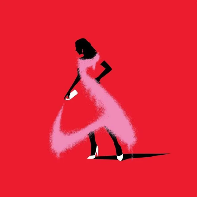 Illustration of a woman in a pink dress with a spray paint effect holding a can, set against a vibrant red background, creating a bold graphic image.