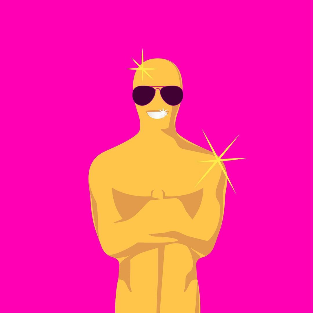 Illustration of a gold statuette wearing sunglasses and smiling, arms crossed, set against a vibrant pink background with sparkling accents.