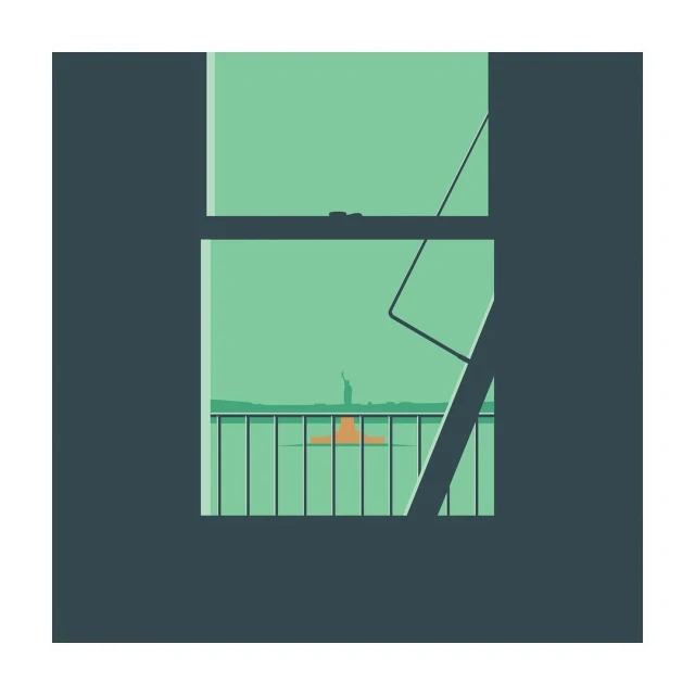 Illustration of the Statue of Liberty seen through a window, set against a serene green sky and the railing of a balcony.
