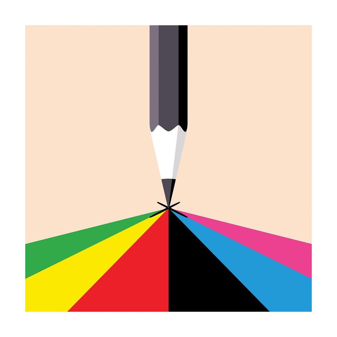 Illustration of a gray pencil pointing down at colorful lines converging at a central point on a peach-colored background.