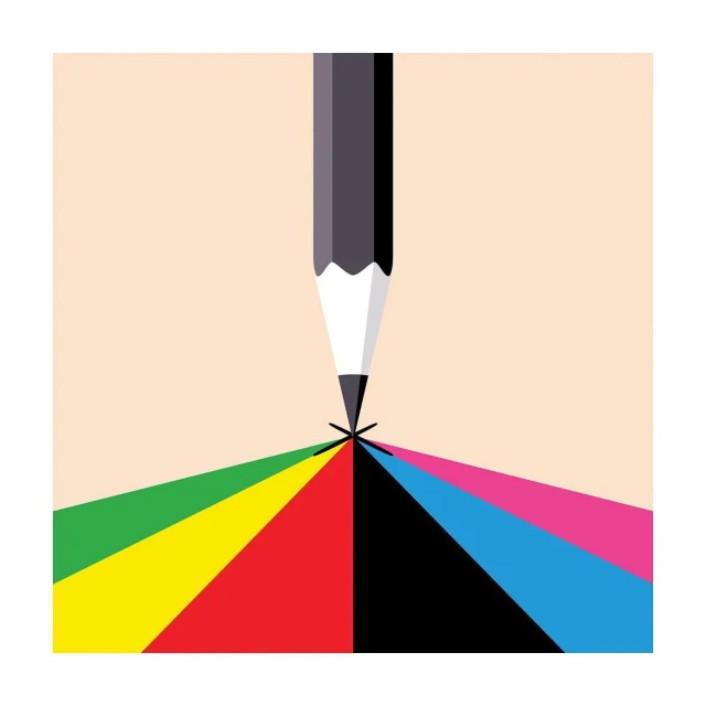 Illustration of a gray pencil pointing down at colorful lines converging at a central point on a peach-colored background.