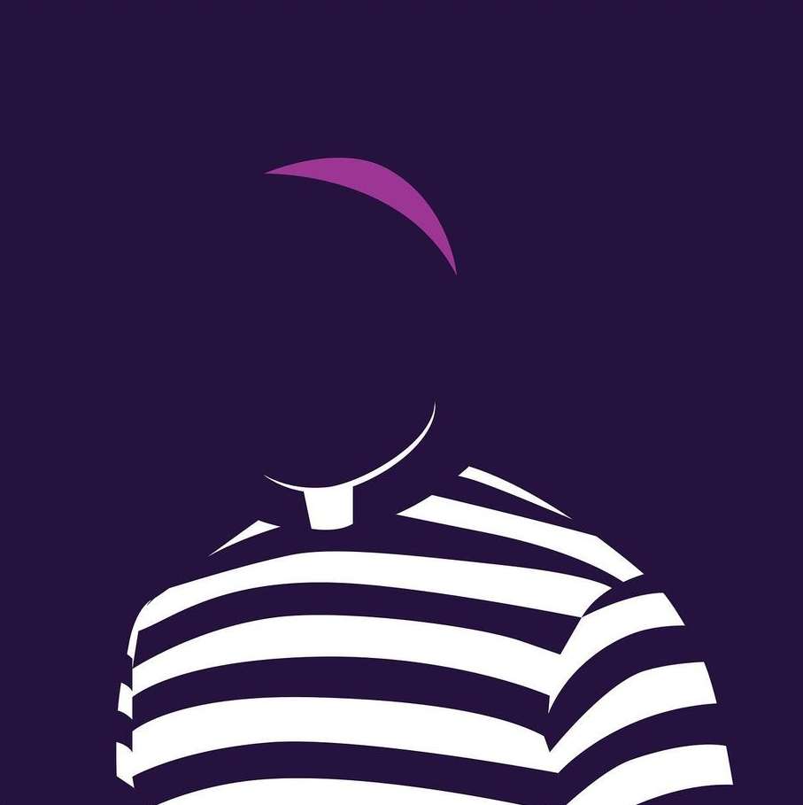 Abstract illustration of a person in a striped shirt against a dark purple background with a purple halo-like shape above their head.