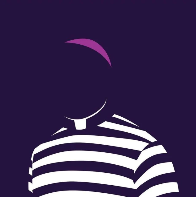 Abstract illustration of a person in a striped shirt against a dark purple background with a purple halo-like shape above their head.