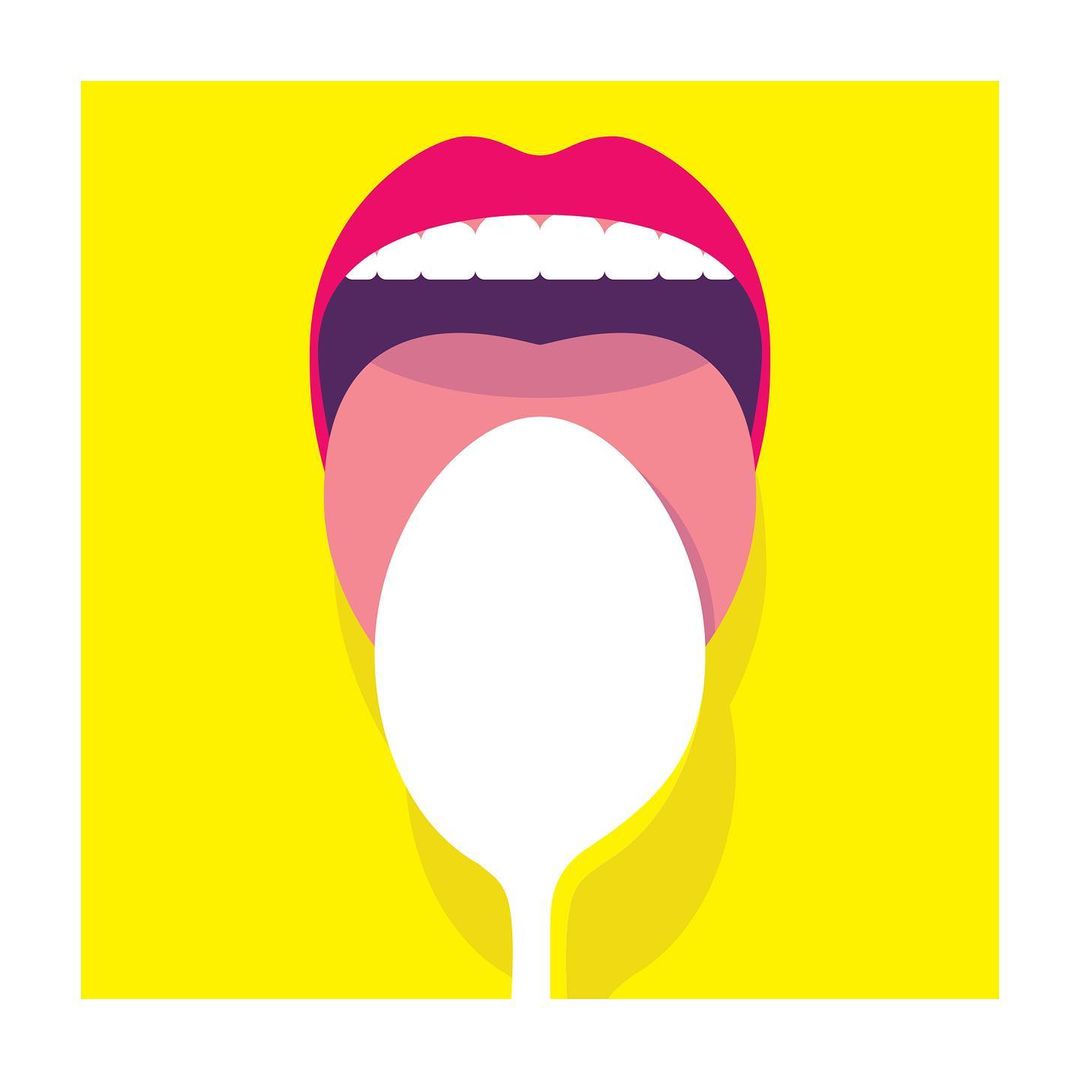 A stylized graphic illustration of an open mouth with bright pink lips and a white space where the tongue would normally be set against a yellow background.