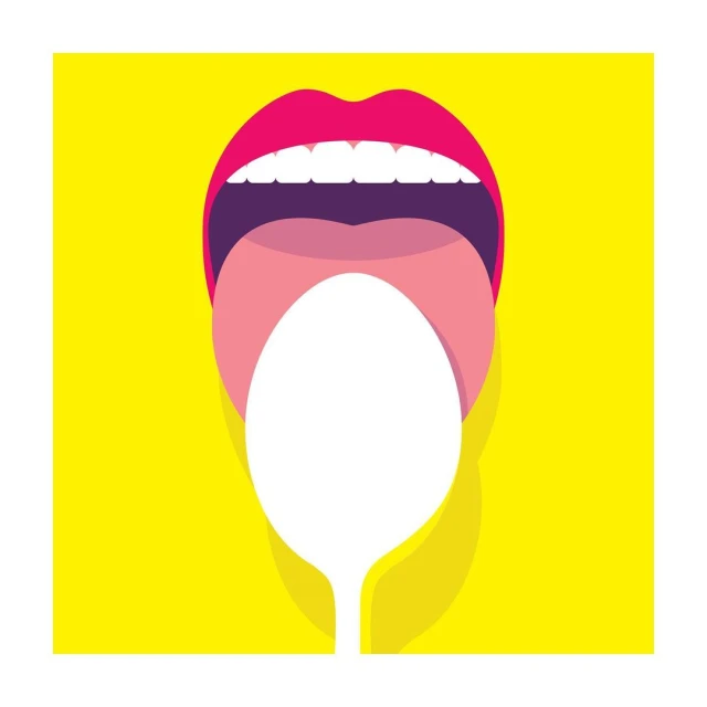 A stylized graphic illustration of an open mouth with bright pink lips and a white space where the tongue would normally be set against a yellow background.