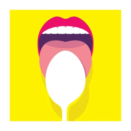 A stylized graphic illustration of an open mouth with bright pink lips and a white space where the tongue would normally be set against a yellow background.