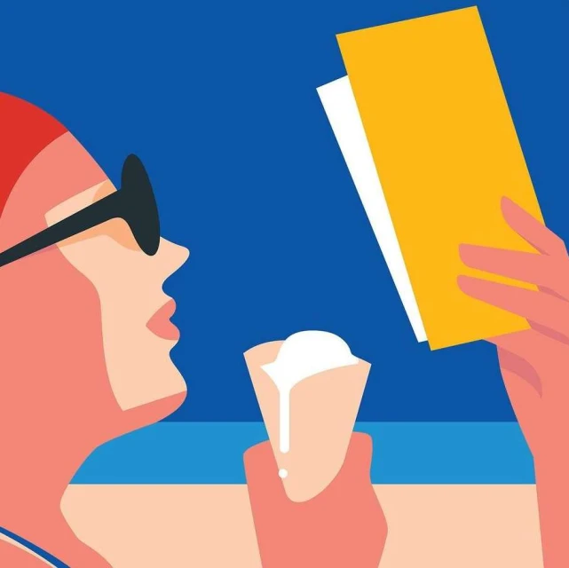 Illustration of a woman in sunglasses reading a book and holding an ice cream cone against a blue background with a beach visible.