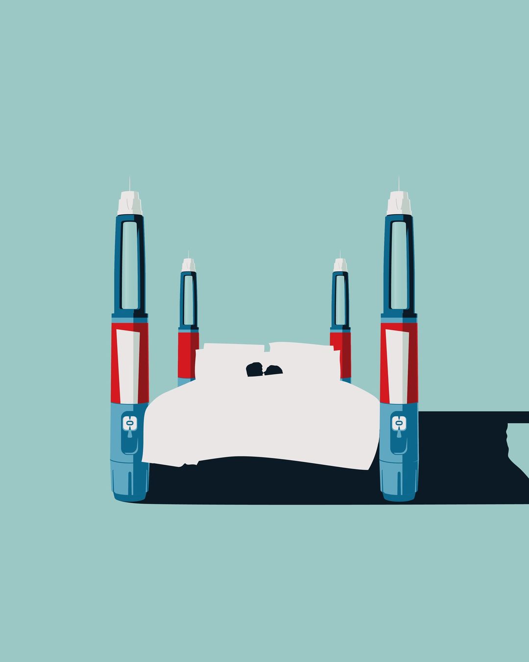 Five insulin pens stand in a row with a crumpled white cloth placed in front, against a solid teal background in a minimalist style.