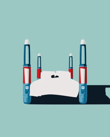 Five insulin pens stand in a row with a crumpled white cloth placed in front, against a solid teal background in a minimalist style.