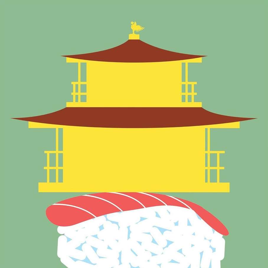 Japanese pagoda illustration over sushi nigiri on a solid background with vector art style and red and yellow color palette.