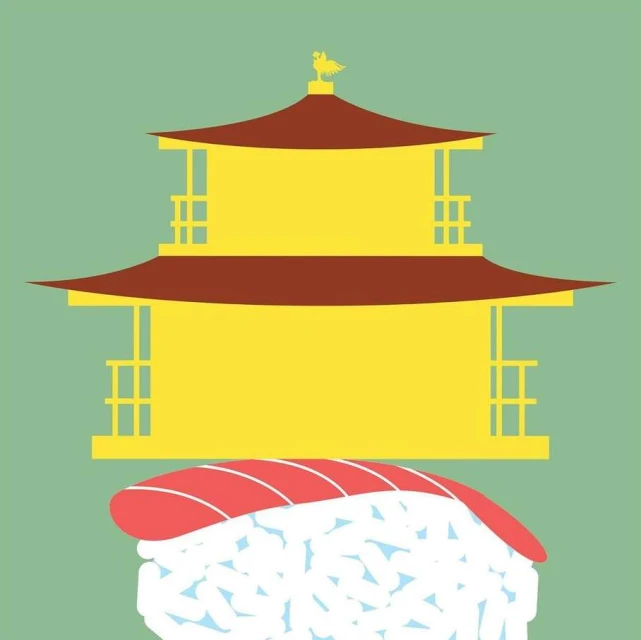 Japanese pagoda illustration over sushi nigiri on a solid background with vector art style and red and yellow color palette.