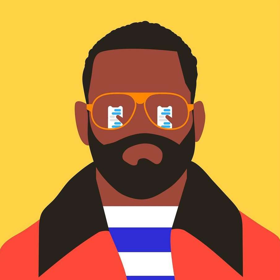 Illustration of an adult with a beard wearing glasses that reflect two mobile phones with text messages, set against a yellow background.