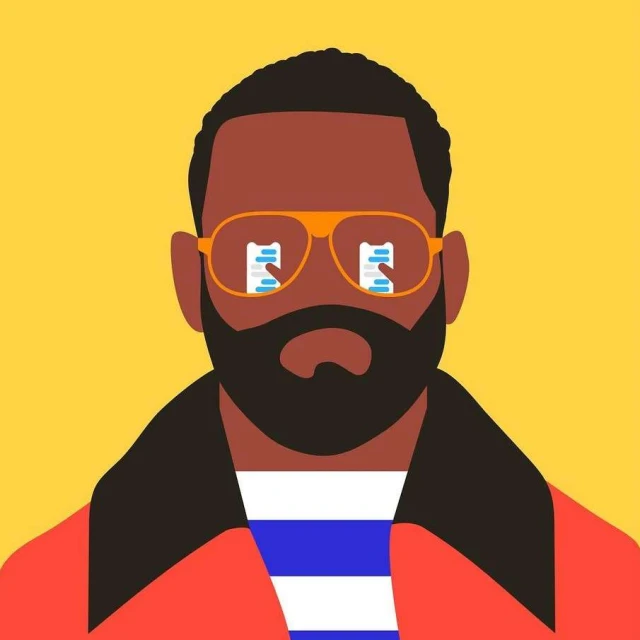Illustration of an adult with a beard wearing glasses that reflect two mobile phones with text messages, set against a yellow background.