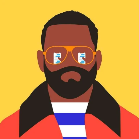 Illustration of an adult with a beard wearing glasses that reflect two mobile phones with text messages, set against a yellow background.