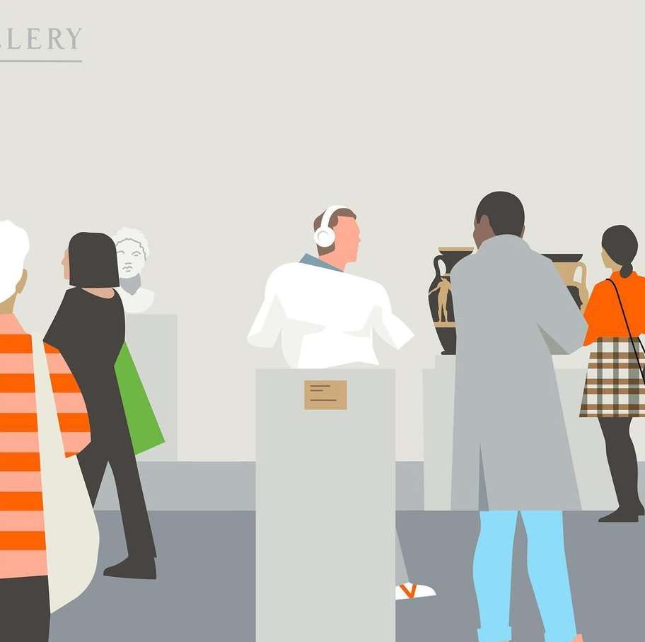 People are at an art gallery looking at sculptures and a vase; vector illustration in shades of grey, black, white, orange, green, and blue.