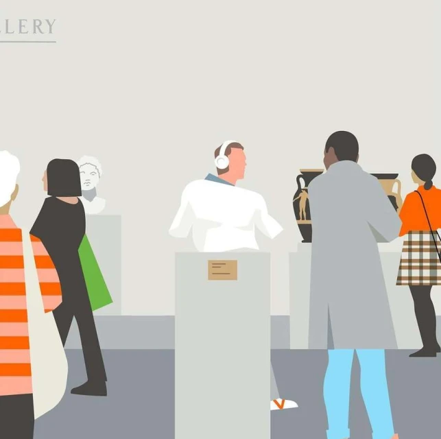 People are at an art gallery looking at sculptures and a vase; vector illustration in shades of grey, black, white, orange, green, and blue.