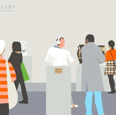 People are at an art gallery looking at sculptures and a vase; vector illustration in shades of grey, black, white, orange, green, and blue.