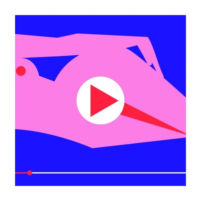 Abstract illustration of reclining figure in pink against a dark blue background with a play symbol, rendered in minimalist geometric shapes.