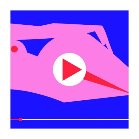 Abstract illustration of reclining figure in pink against a dark blue background with a play symbol, rendered in minimalist geometric shapes.