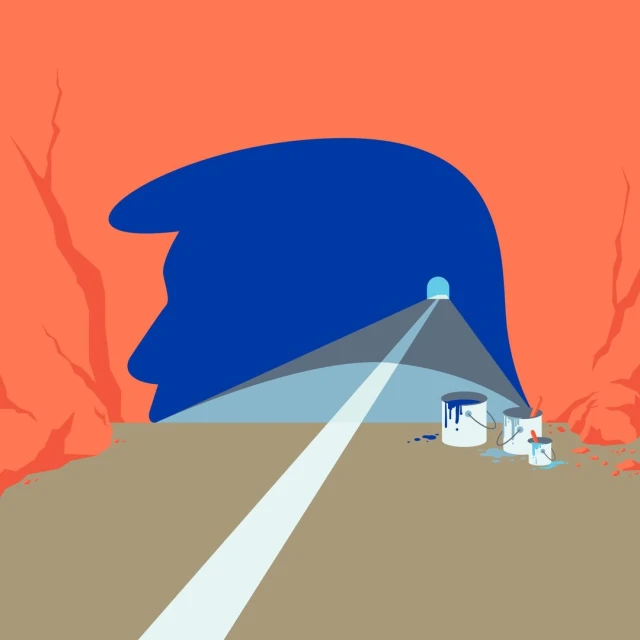 Illustration of a tunnel entrance shaped like a person's head, leading to a light at the end, with spilled paint cans in the foreground.