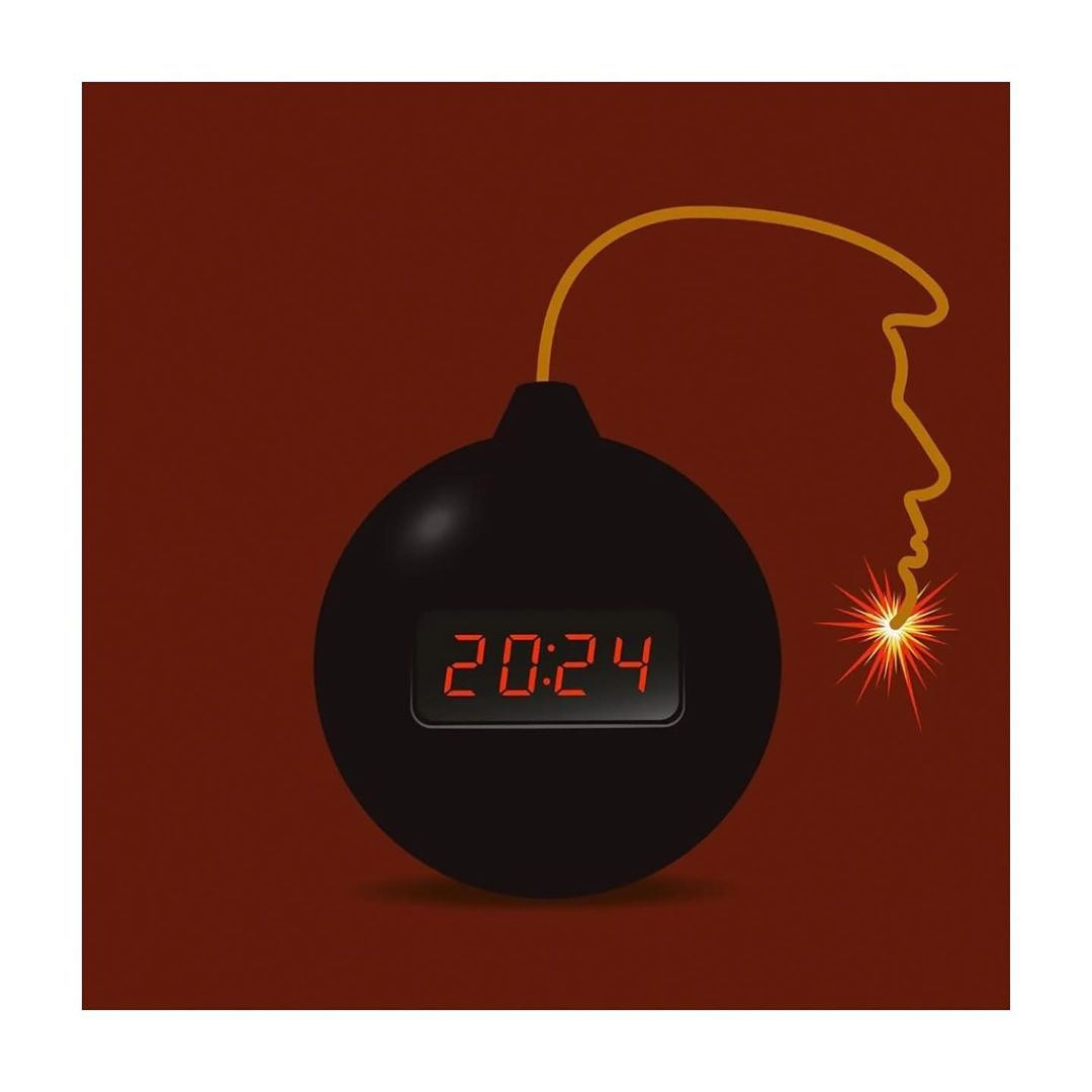 Stylized cartoon image of a black bomb with a digital clock displaying 20:24 and a fuse in the shape of a head silhouette.