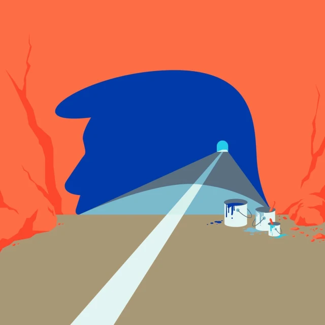 Illustration of a cave opening with paint cans in the foreground, leading to a tunnel with a light at the end, in vibrant colours.