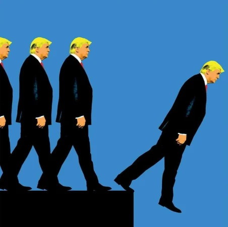 Pop art style image shows four adult males in black suits and ties in a sequence, standing on a black platform against a blue background.