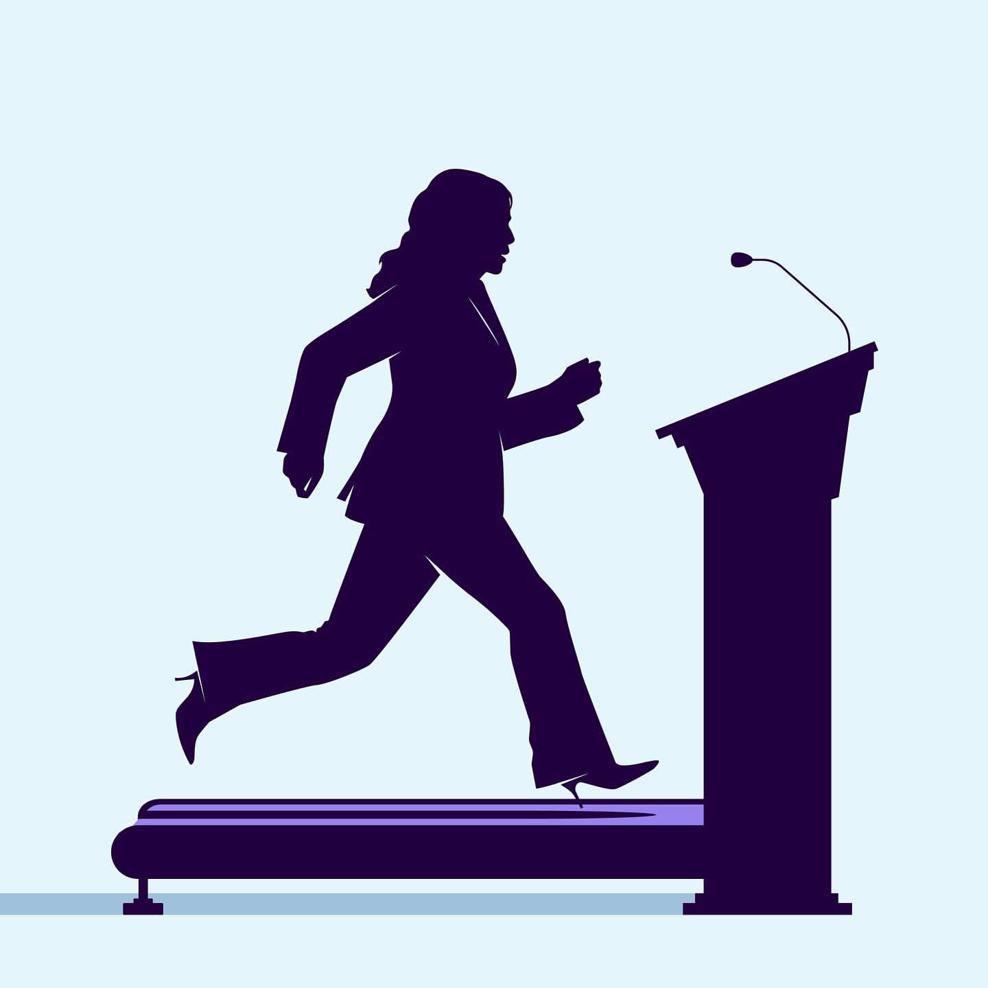 Silhouette of a woman in a business suit running on a treadmill, which is stylized as a podium. Concept illustration with limited colors.