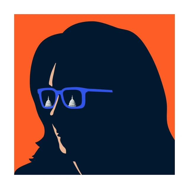Illustration of woman with glasses reflecting capitol buildings against an orange background. Vector art, dark hair, political theme.