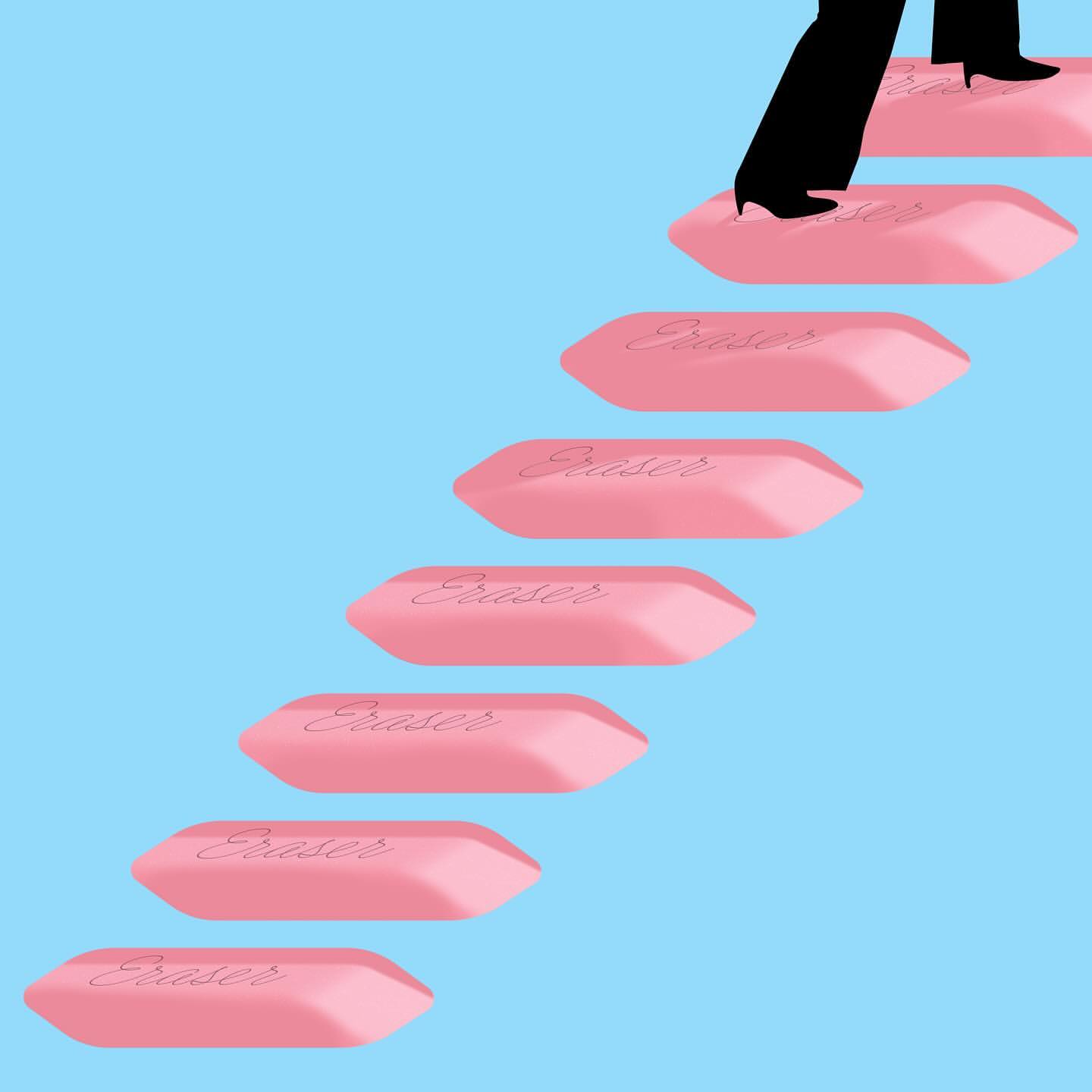 Abstract illustration of black shoes walking up stairs made of pink erasers against a light blue background. Staircase concept.