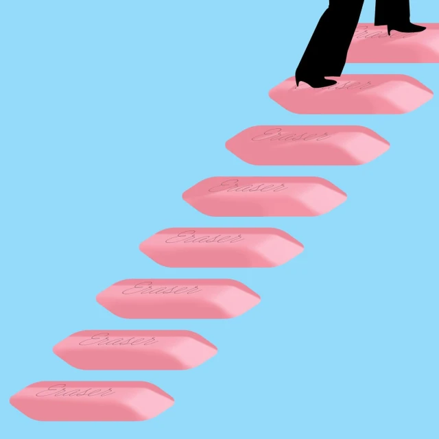 Abstract illustration of black shoes walking up stairs made of pink erasers against a light blue background. Staircase concept.