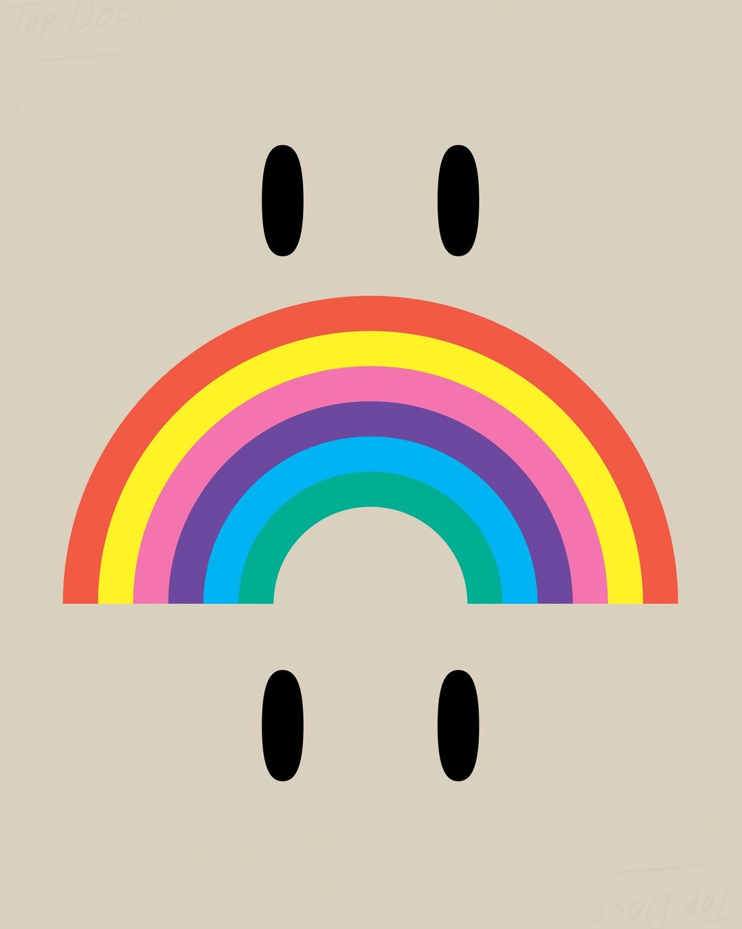 Illustration of a symmetrical cartoon-like face with a rainbow mouth and dot eyes on a beige background.