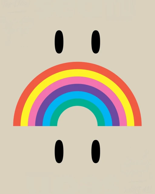 Illustration of a symmetrical cartoon-like face with a rainbow mouth and dot eyes on a beige background.