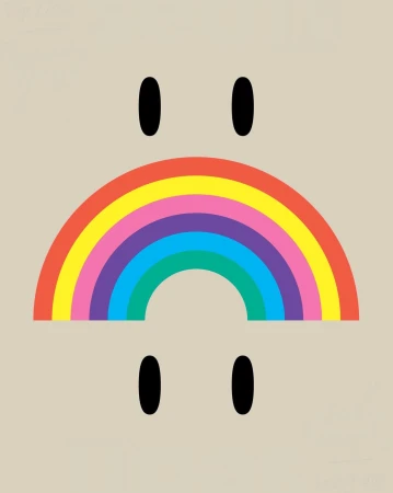 Illustration of a symmetrical cartoon-like face with a rainbow mouth and dot eyes on a beige background.