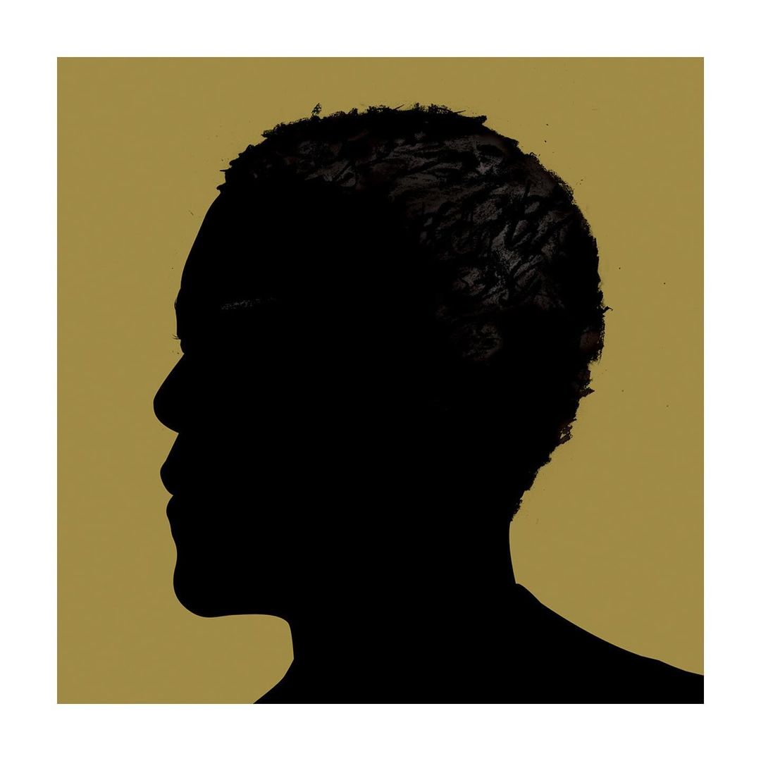 Silhouette of an adult African-descent male's head and upper neck in profile against a golden background, portrait orientation.