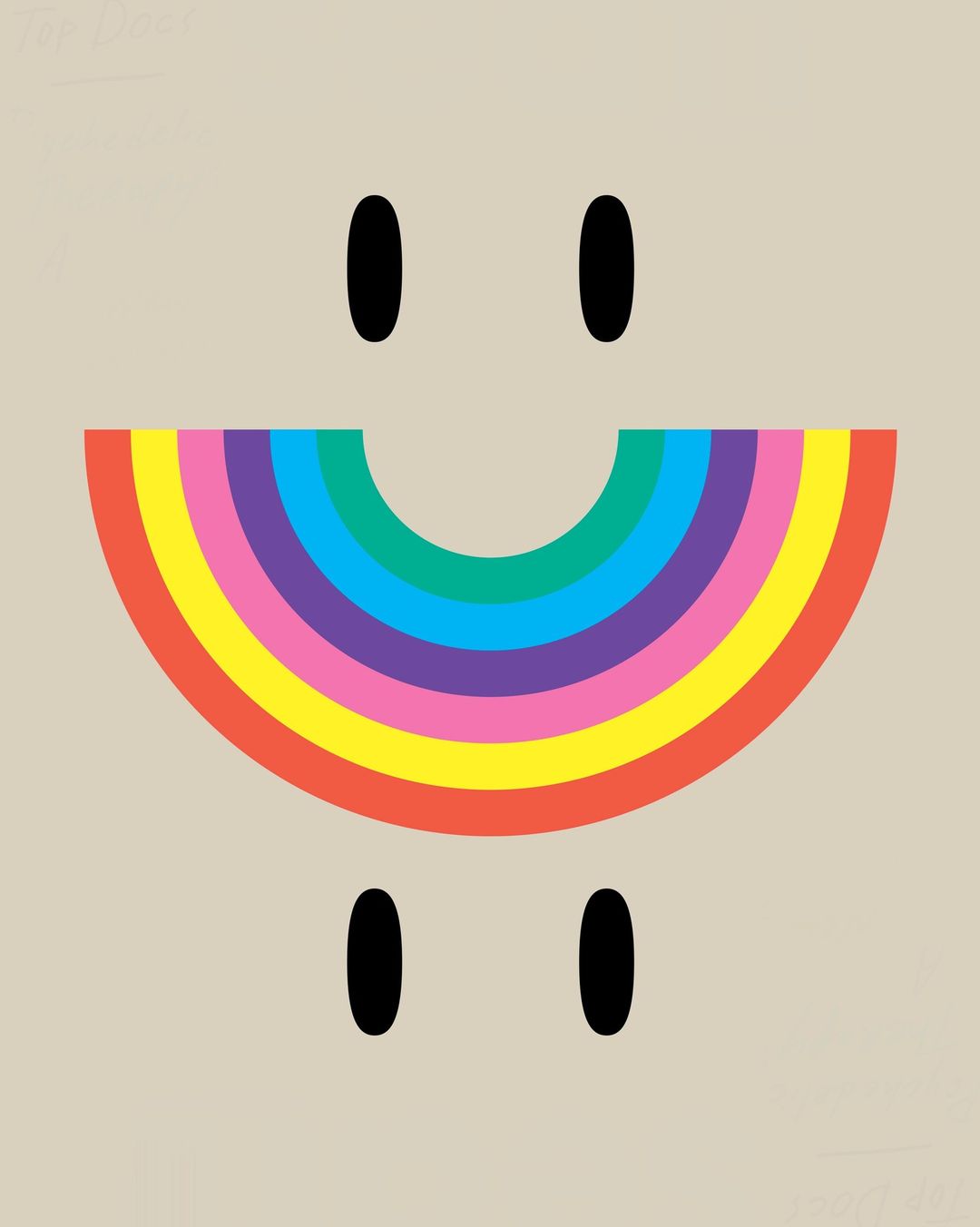 Colorful graphic art with an arched rainbow, two black dots above, and two black dots below on a beige background in vertical orientation.
