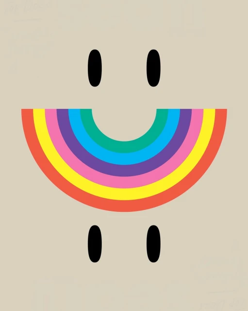 Colorful graphic art with an arched rainbow, two black dots above, and two black dots below on a beige background in vertical orientation.